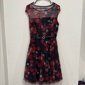 Floral Black and Red Midi Dress
